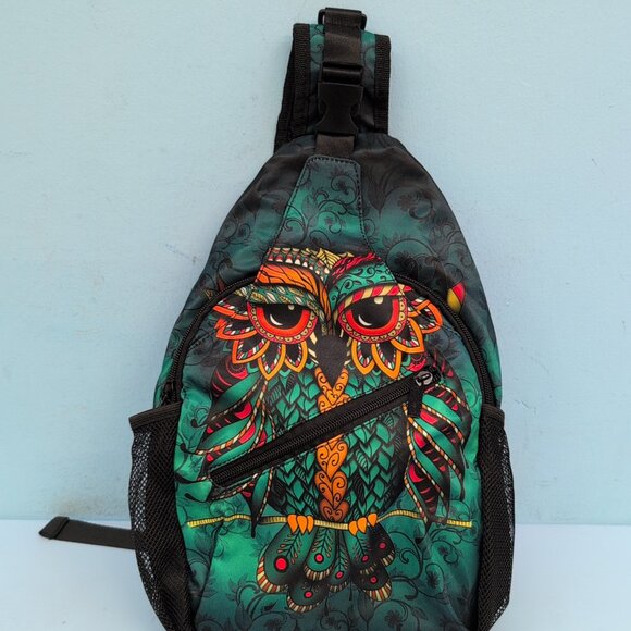 Owl Sling Bag Casual Shoulder Crossbody Travel Daypack Mesh Pocket Backpack Teal - Picture 2 of 9